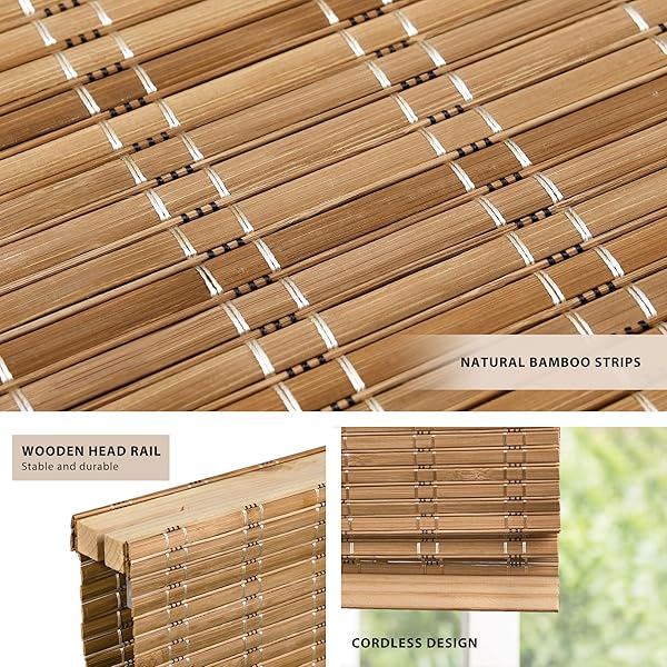 LAZBLINDS NO TOOLS NO DRILL CORDLESS BAMBOO ROMAN SHADES, LIGHT FILTERING WINDOW TREATMENT, ROLL UP BAMBOO BLINDS FOR WINDOW 26” W X 64” H, BROWN