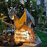 Jy.Cozy Garden Large Dragon Statue Solar Powered Outdoor Figurine Light The Dragonfire Welcome to My Turf Sign Big Resin Sculpture Home Decoration Housewarming Ornament Unique Gift