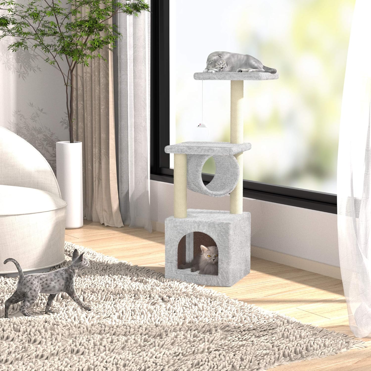 Cat Tree, 95cm Cat Scratch Posts 4 Tier Stable Climbing Tower Activity Trees, Beige - Image 3