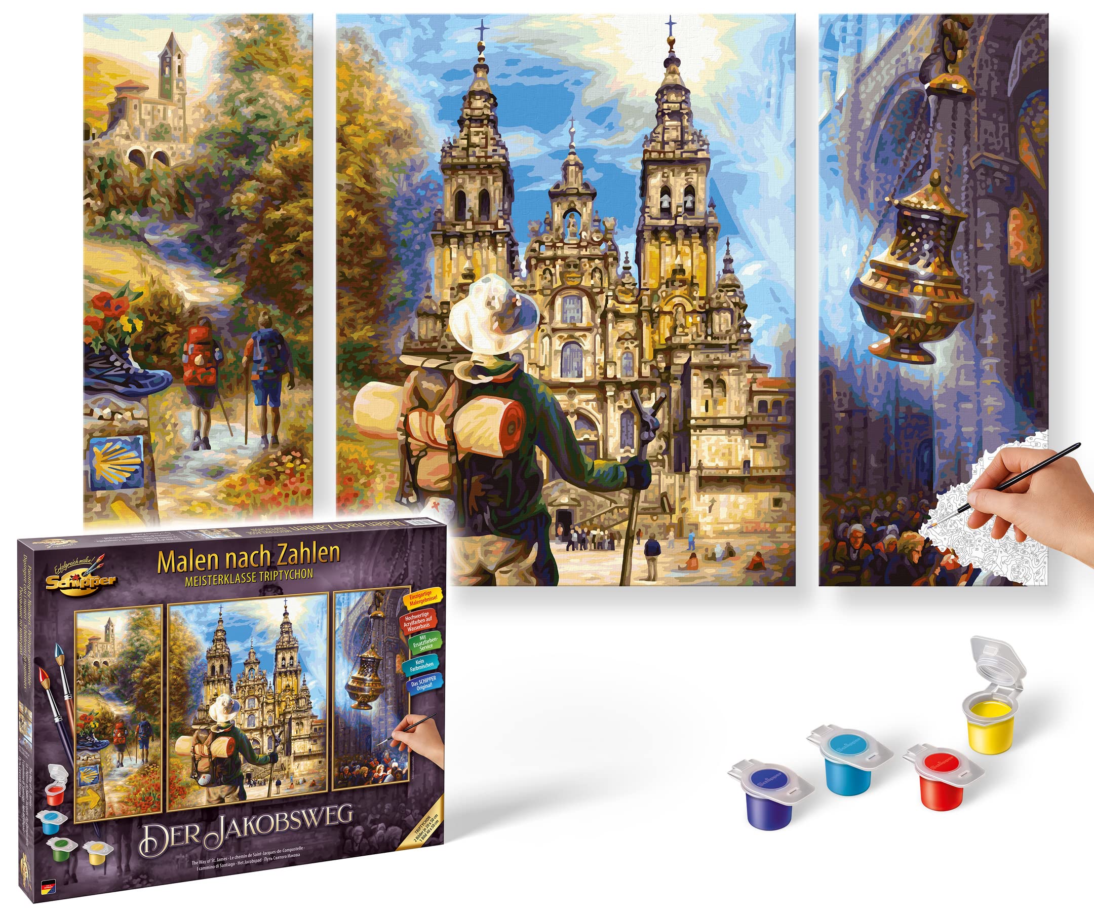 Schipper 609260854 Painting by Numbers - The Way of Saint James - Painting Pictures for Adults Including Brush and Acrylic Paints Triptych 50 x 80 cm