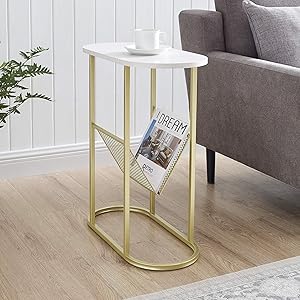 Walker Edison Oval Skinny Side Magazine Rack Living Room Storage Small End Table, 11 Inch, Marble/Gold