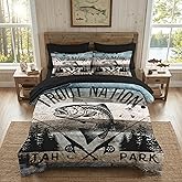 WeCozy 7 Pcs Queen Size Comforter Set with 2 Pillowcases & 2 Shams, Vintage Fishing Fish Bedding for Kids and Adults, Retro Lake Wood Bed in a Bag with Flat Fitted Sheet