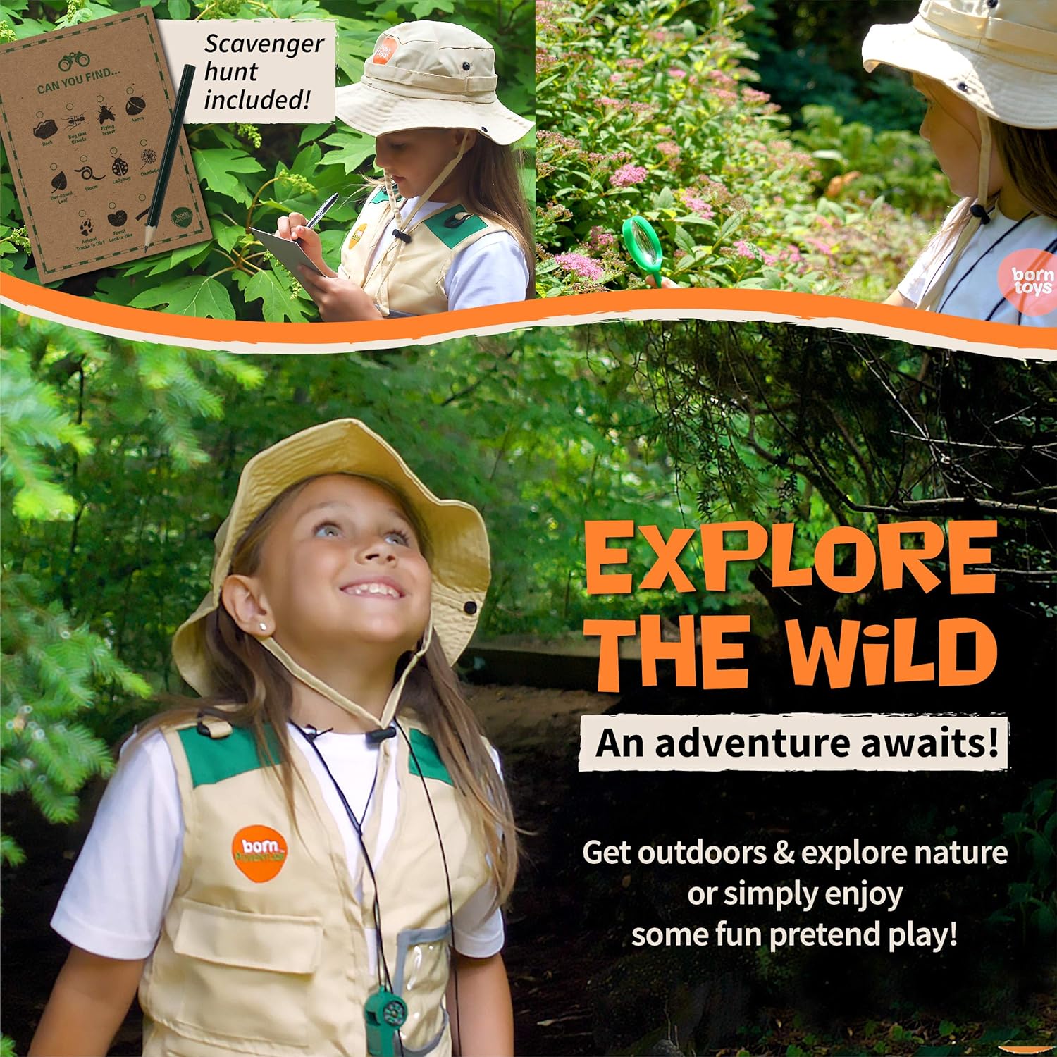 Born Toys Outdoor Explorer Kit for boys and girls with WASHABLE Premium Safari Vest and adventure kit with SCAVENGER HUNT: Clothing