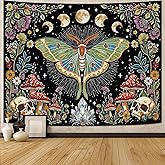 Accnicc Moth Tapestry Boho Mushroom Hippie Skull Wall Tapestry for Bedroom Aesthetic Vintage Floral Plant Moon Phase Small Ta
