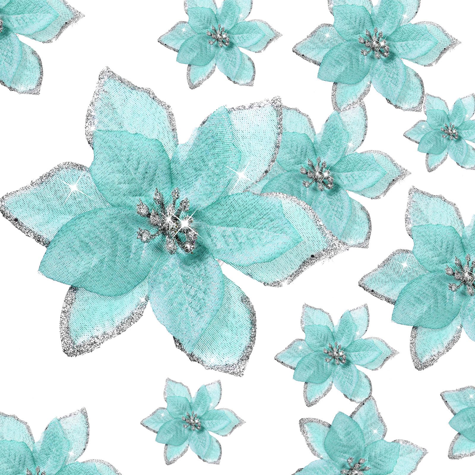 WILLBOND 24 Pieces 3 Size Christmas Glitter Poinsettia Flowers Wedding Faux Flowers Christmas Decoration Ornaments For Christmas tree New Year Home Outdoor Decoration (Blue,4/6/8.7 Inches) — image 1