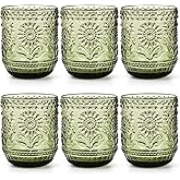 Hacaroa Set of 6 Vintage Drinking Glasses, 12 Oz Green Colored Glassware Floral Embossed Water Glasses, Decorative Beverages Tumblers for Cocktail, Whiskey, Beer