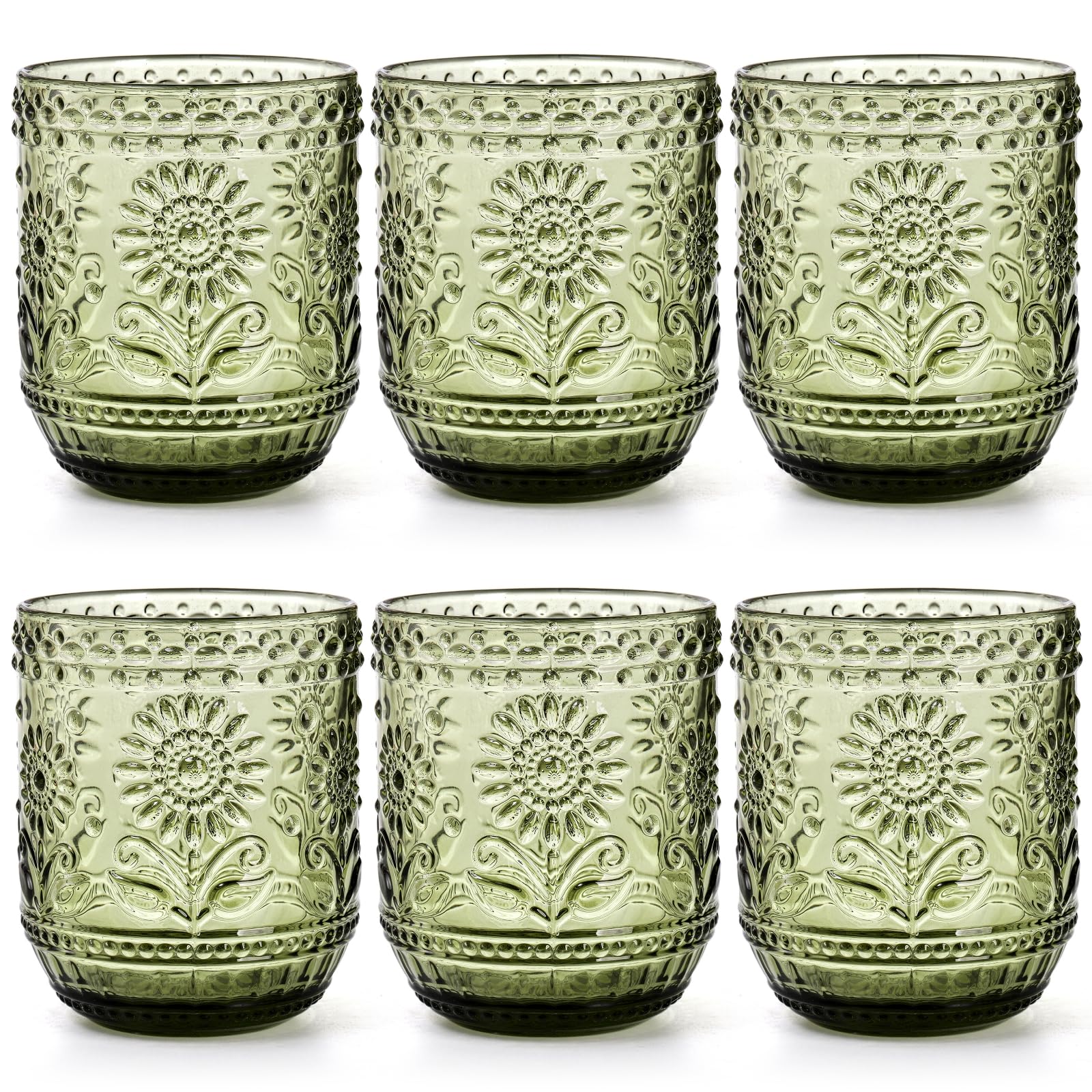 Photo 1 of Hacaroa Set of 6 Vintage Drinking Glasses, 12 Oz Green Colored Glassware Floral Embossed Water Glasses, Decorative Beverages Tumblers for Cocktail, Whiskey, Beer