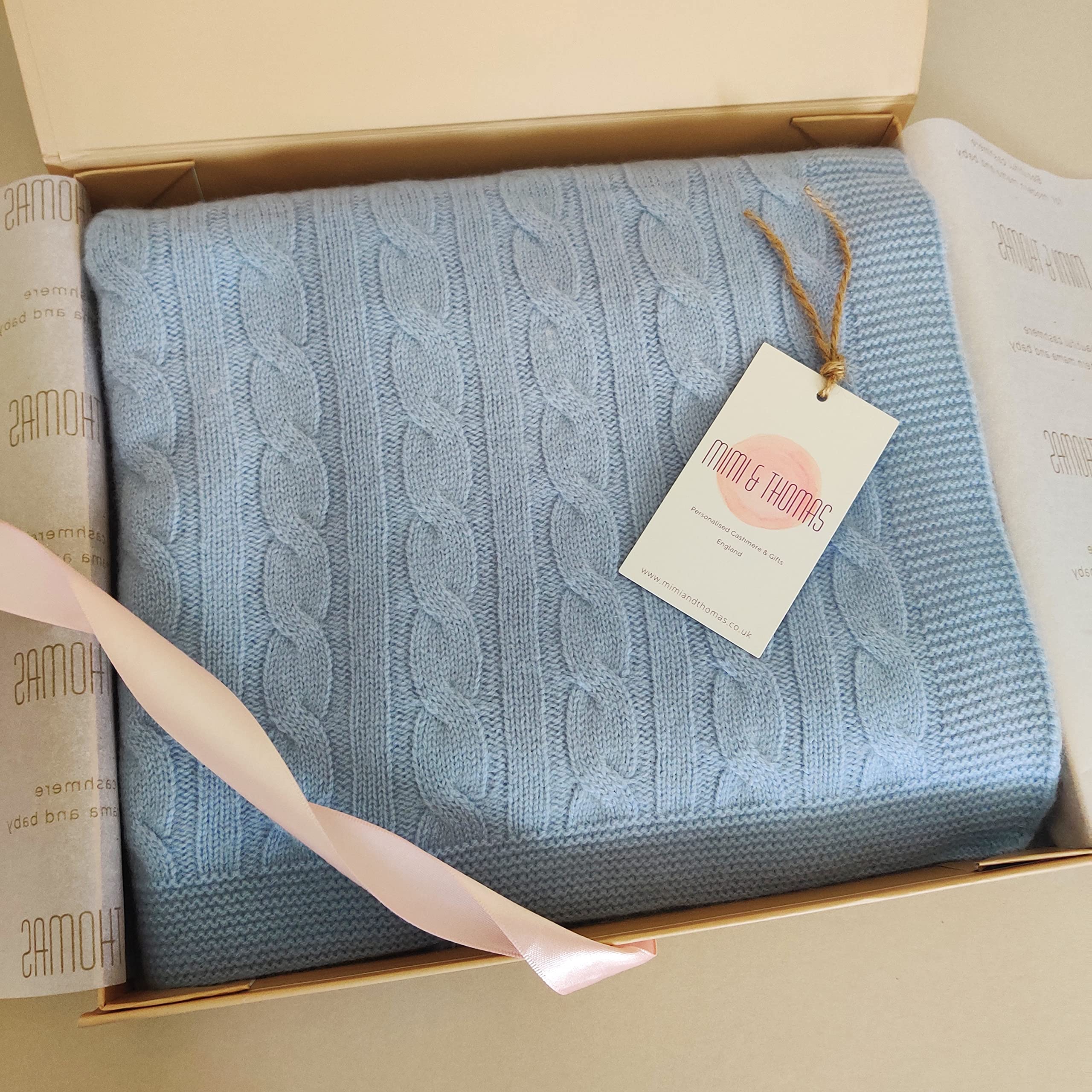 Mimi & Thomas Pure 100% Cashmere Cable Knit Unisex Knitted Baby Blanket in Gift Box (Blue) โ image 1