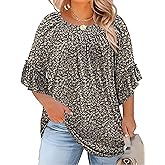 Micoson Womens Plus Size Tops 3/4 Ruffle Sleeve Shirts Crewneck Pleated Blouses Dressy Casual Fashion Tunic Top (1X-5X)