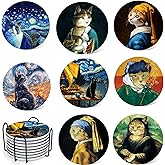Heideryafei 4 Inch Round Marble Coasters,Fun Cat Drink Coasters, Anime Cat Ceramic Coasters