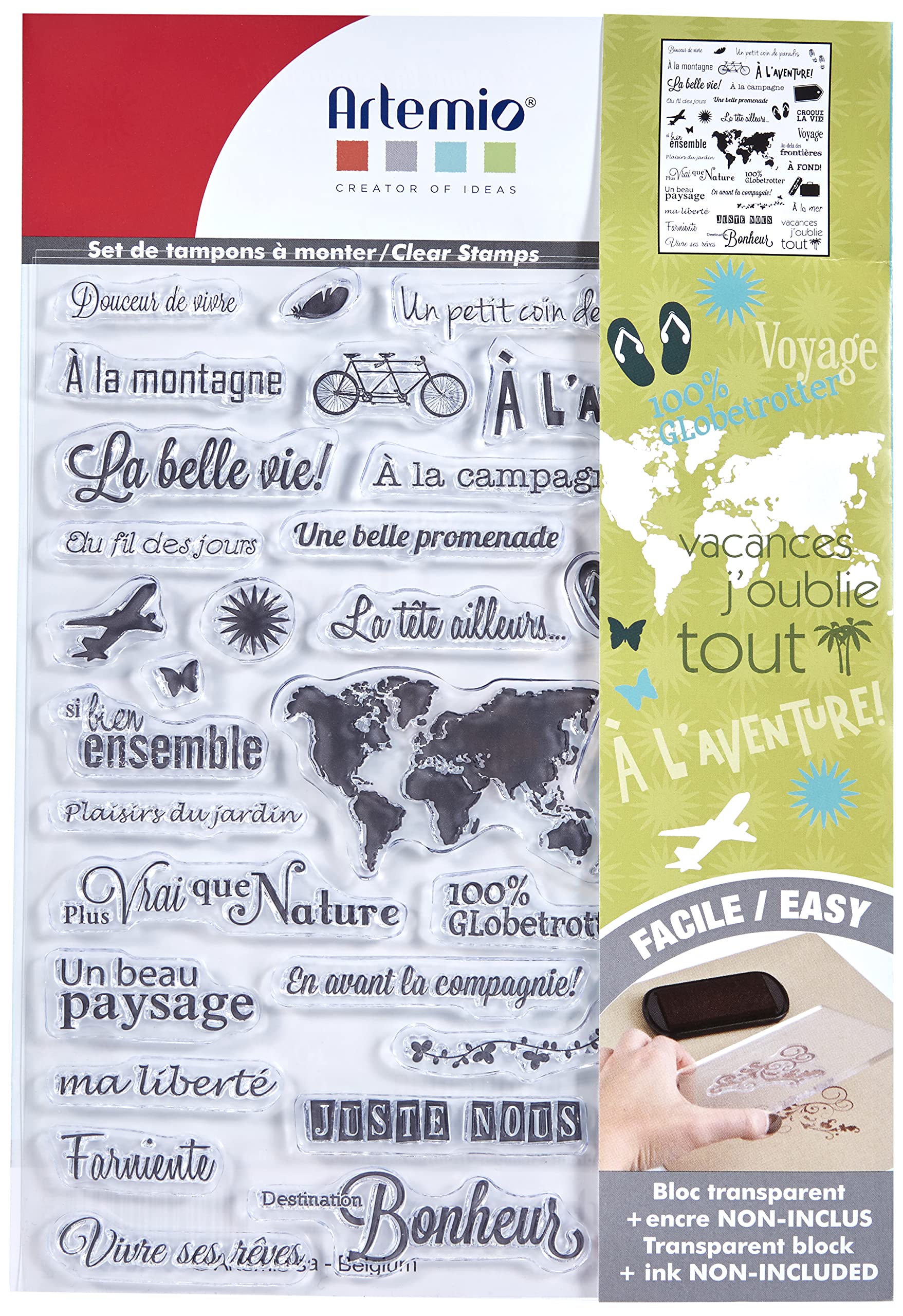Artemio Clear Stamp - Mots du Voyage - 37 Transparent Stamps, Other, Transparent, 15.5 x 0.4 x 26 cm