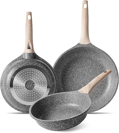 ZUOFENG Non Stick Frying Pan Set 20cm 24cm 28cm Stone Granite Coating