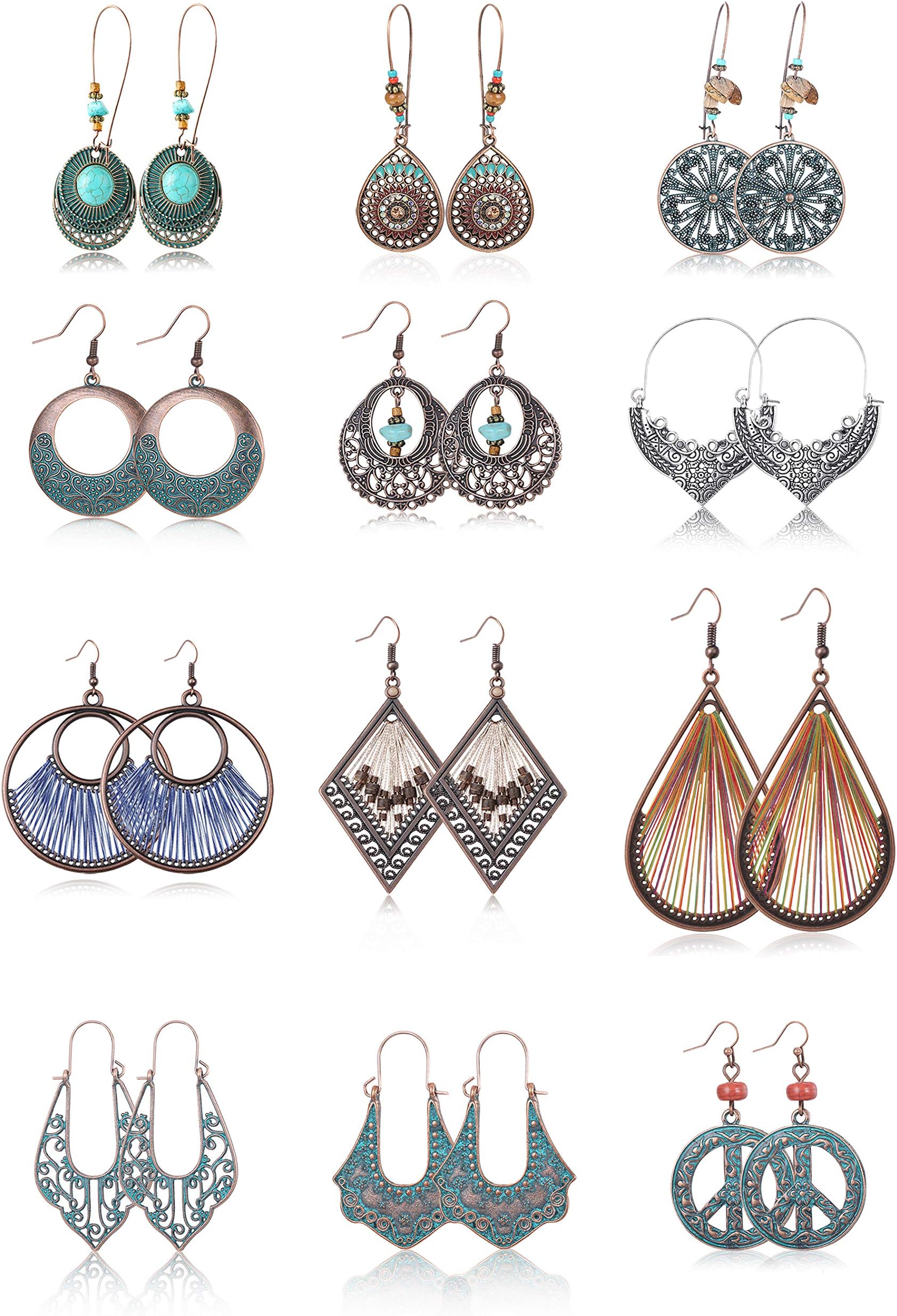 FIBO STEEL 10-12 Pairs Bohemian Vintage Dangle Earrings