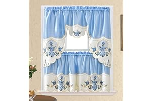 GOHD GOLDEN OCEAN HOME DECOR GOHD Rose Melody. 3pcs Kitchen Cafe Curtain Set. Swag and 24 inches Tiers Set for Small Windows. Nice Matching Color Rose Embroidery on Border and Inserted Organza. (Light Blue)
