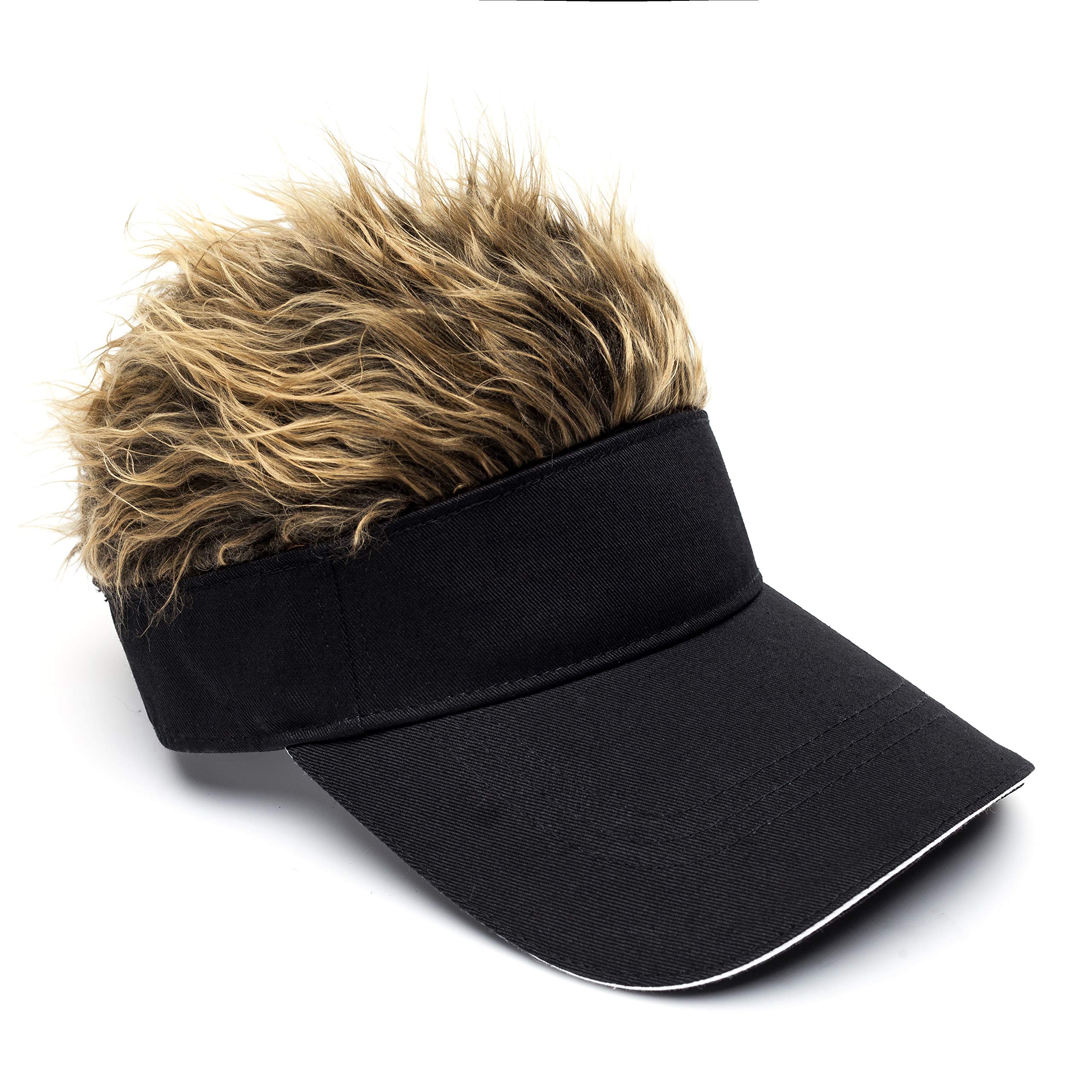 Men\'s Novelty Flair Spiked Hair Visor Sun Funny Golf Cap Fake Wig Peaked Adjustable Baseball Hat Black Brown