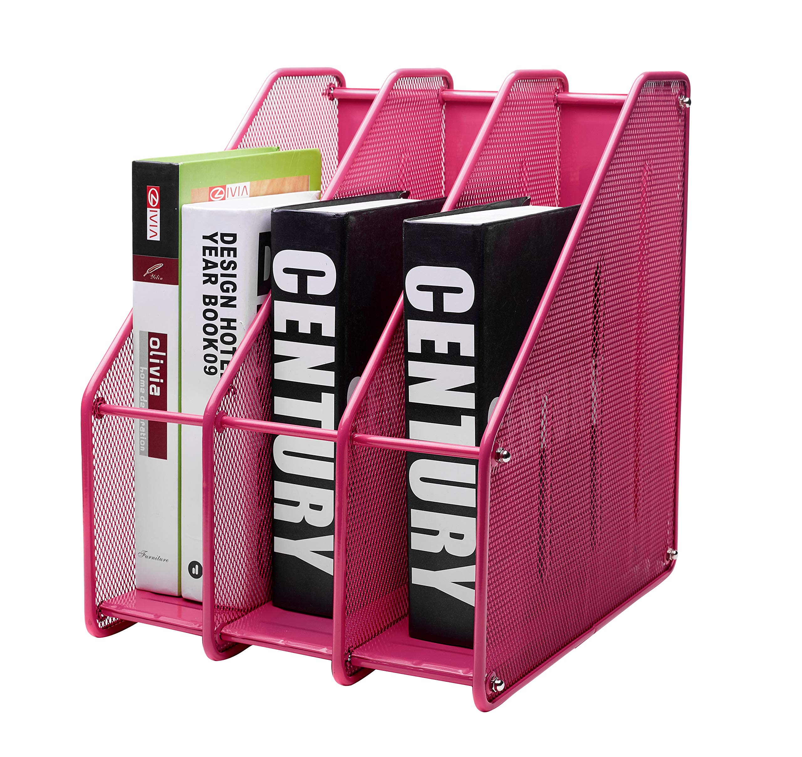 EXERZ Magazine Holder Triple Rack, Mesh Metal - 3 Compartments Vertical - Documents/ Notebooks/ Folder/ Organiser (Pink)