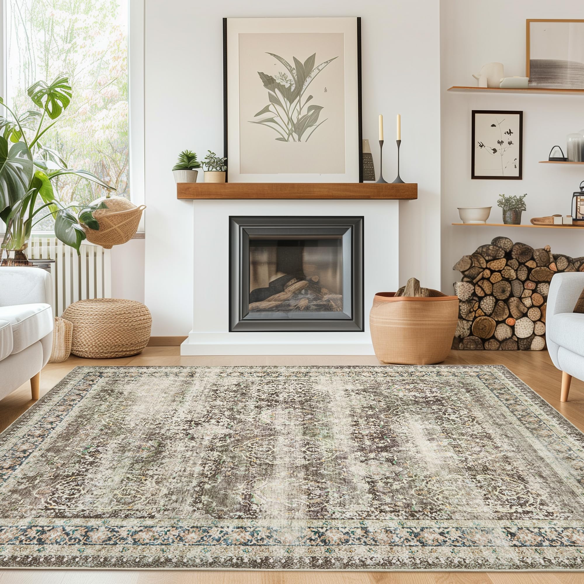 Photo 1 of (used)(see all images) Andency Large 9x12 Washable Area Rug for Living Room Bedroom, Vintage Boho Dark Brown/Charcoal Foldable Floral Carpet