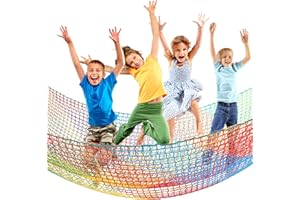 WOANGER Climbing Cargo Net 6.5 x 9.8 ft Large Kids Backyard Climbing Net Double Layers Playground Safety Net with Storage Bag for Monkey Bar, Treehouse Accessories (Rainbow Colors)