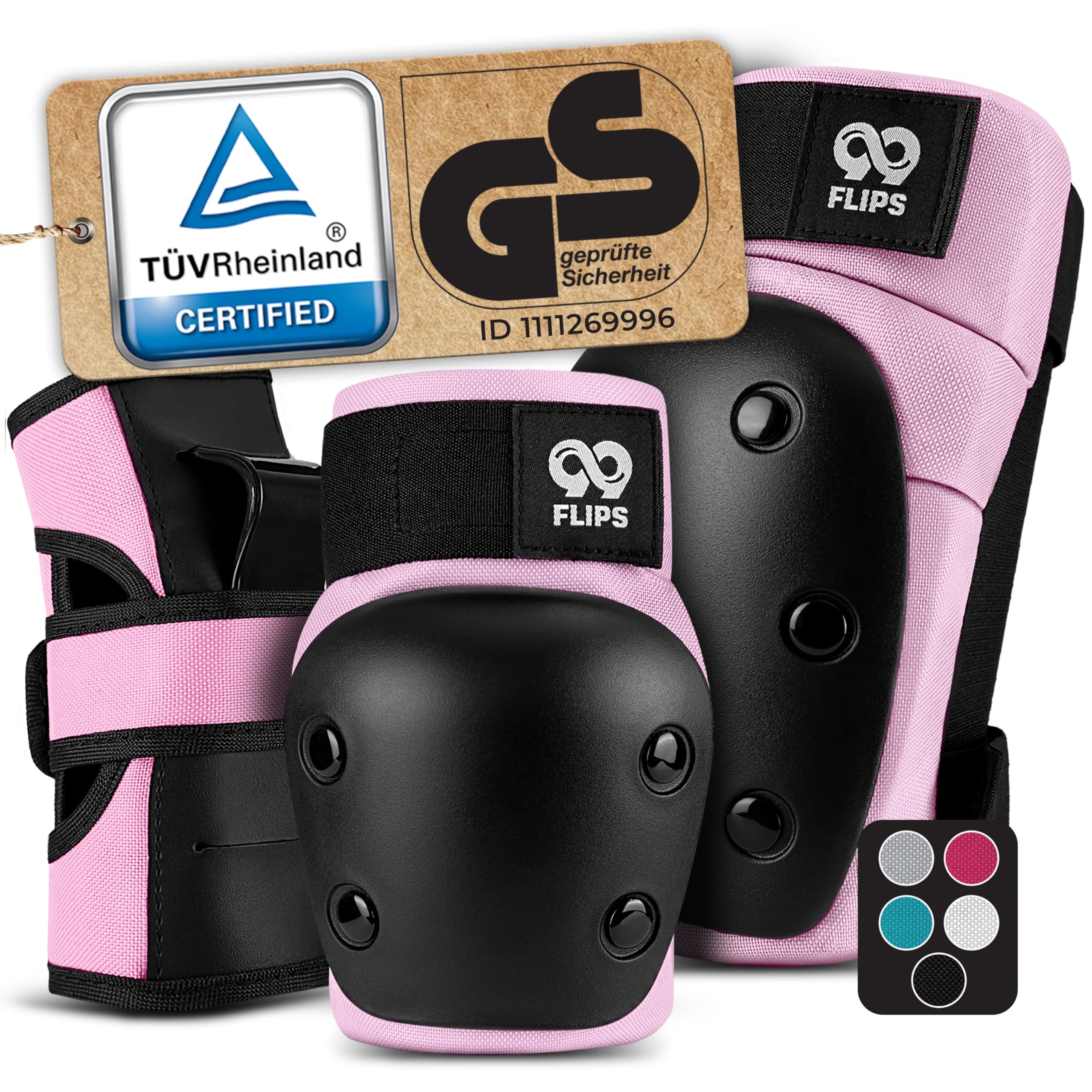 99FLIPS Knee and Elbow Pads Adult - incl. Wrist Guards - Skating Protective Gear Adult - Size L in Pink - Skateboard, Scooter and Inline Skating