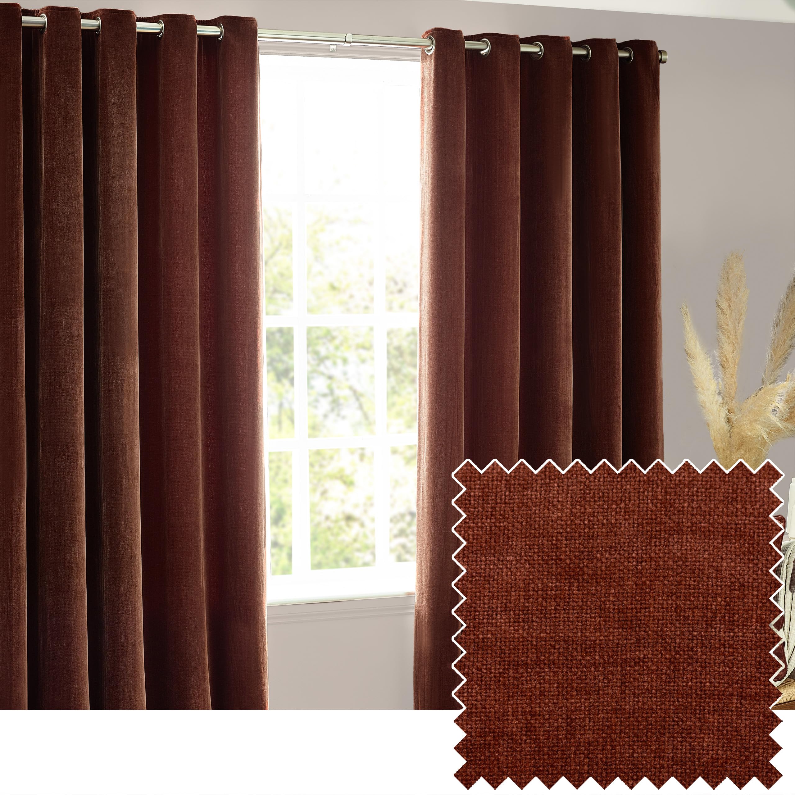 Yard Heavy Chenille Eyelet Curtain Pair – Lined Room Darkening, Soft Velvet Home Décor (Nutmeg - Width 229 x Drop 137cm)