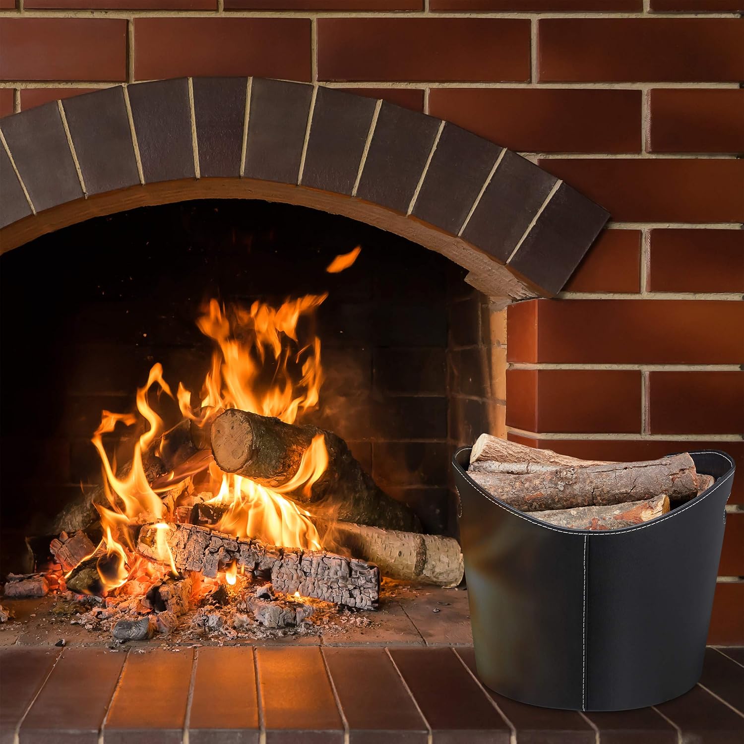 Relaxdays Faux Leather Firewood Basket, Sturdy Log Storage Bin with Handles, Size L, Black, 31.5 x 39.5 x 38 cm - Image 4