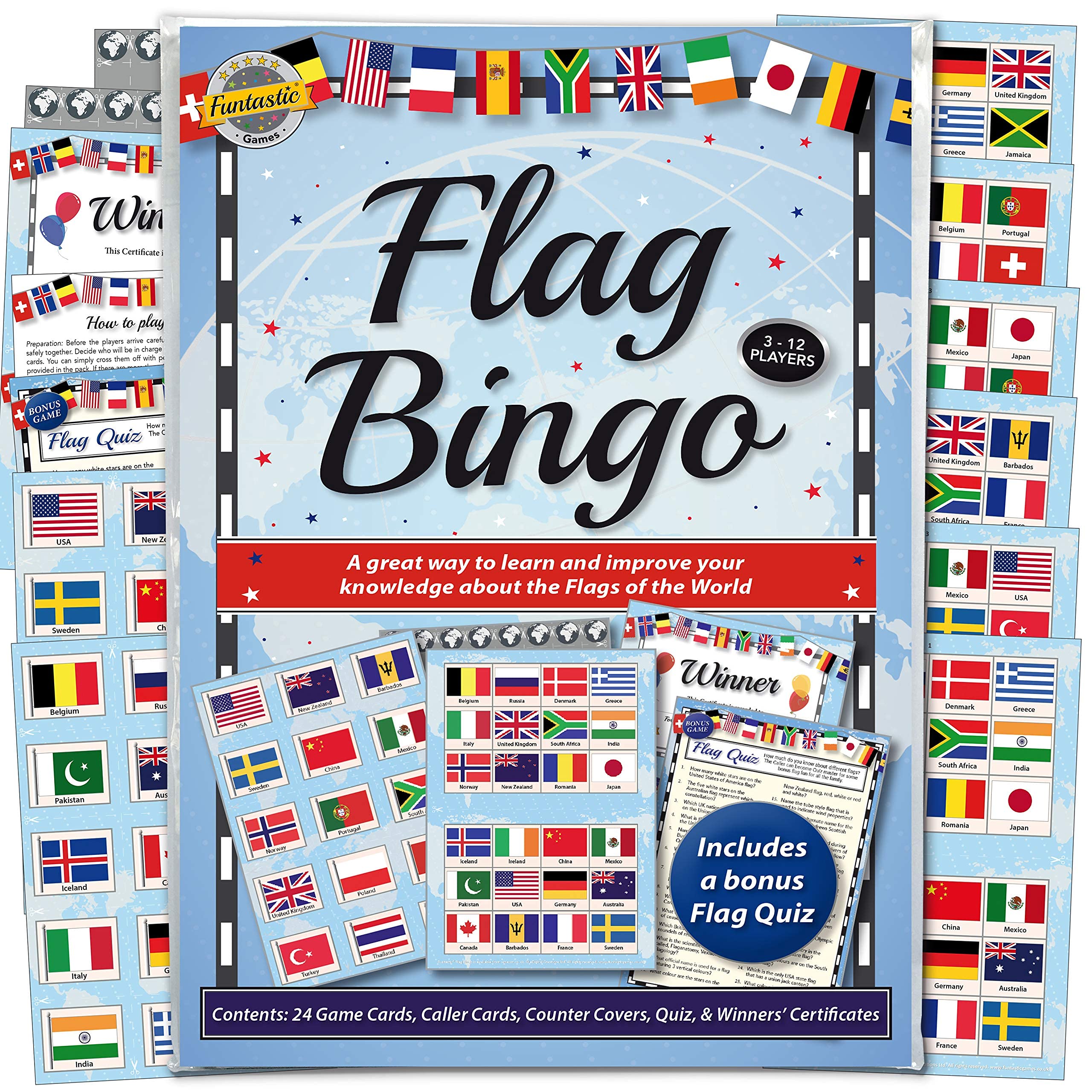 Flags of the World Bingo & Quiz Game - An entertaining activity and teaching accessory for groups and families. A great way to learn and have fun.