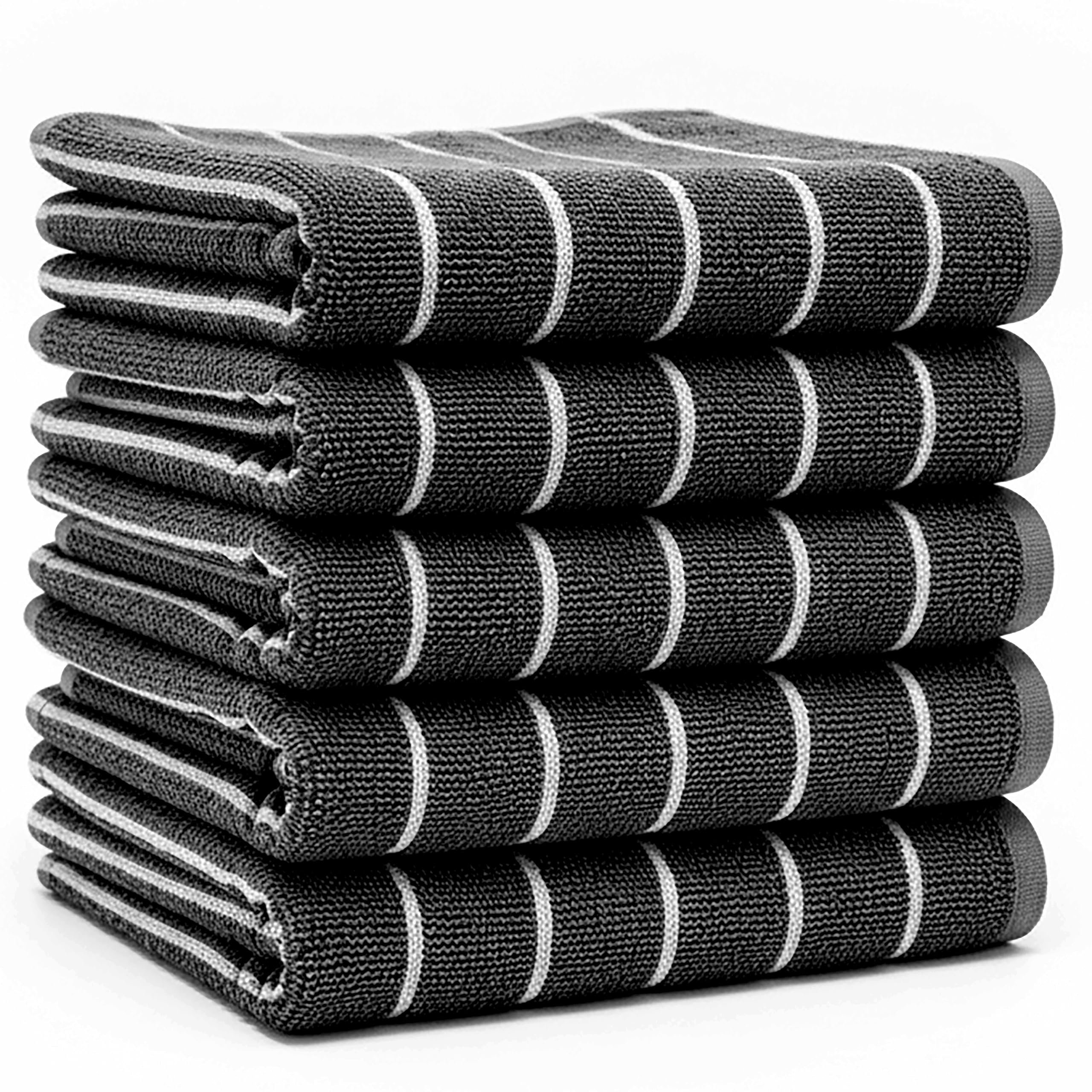SPINGTON Luxury Stripe Designed Tea Towels for Kitchen - Large Size 60 x 40 cm - 100% Cotton, Super Absorbent and Durable - Quick Drying Hotel Quality Towels (Dark Grey, 5 Pack)