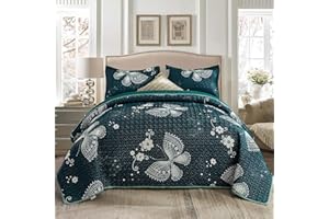 Kindred Home Butterfly Pattern Quilt Sets King-Size - Lightweight Soft Dark-Green Bedspread Bedding Bed Coverlet 3 Pieces