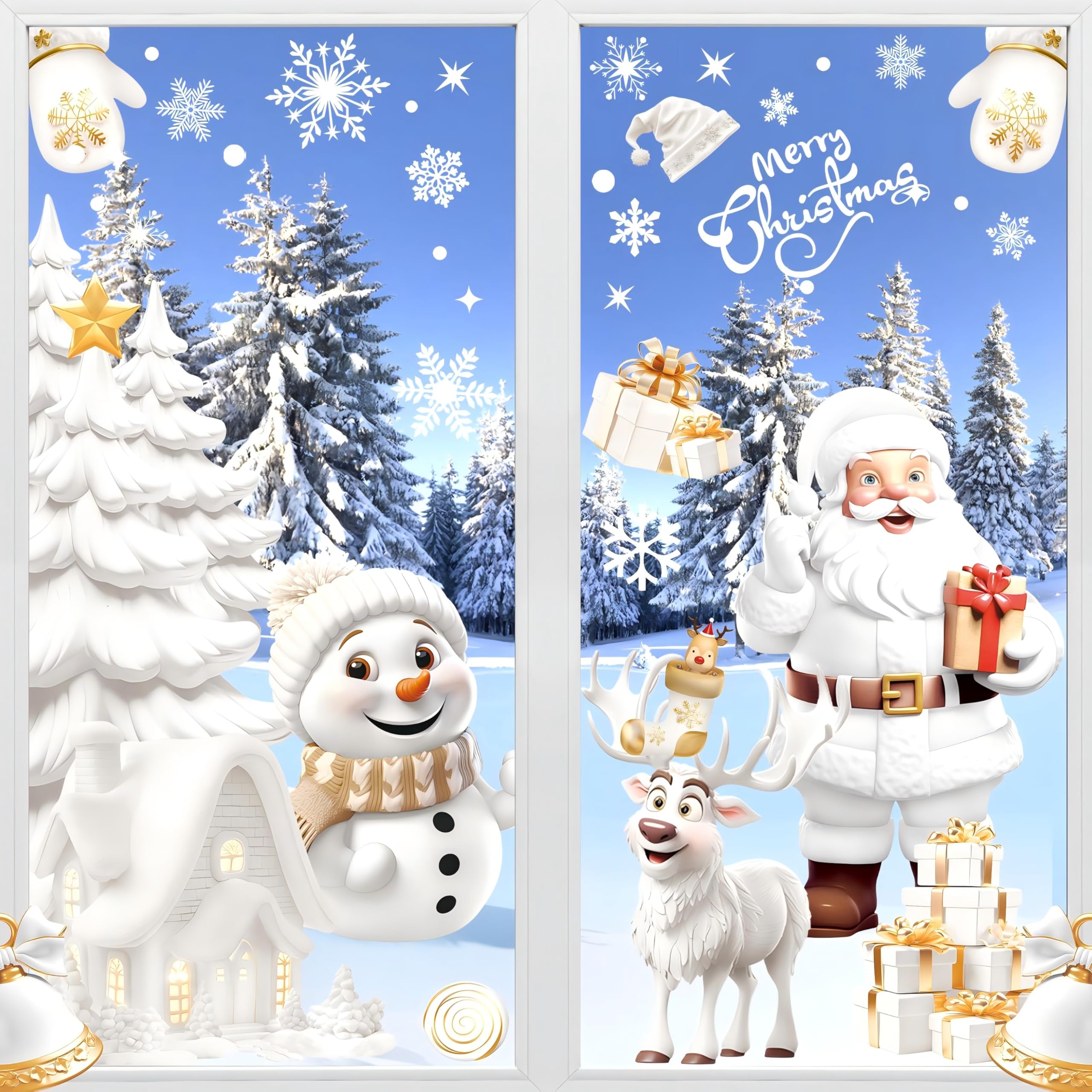 AhfuLife 190Pcs Christmas Window Stickers, 3D Christmas Window Clings Santa Claus Snowman Reindeer for Christmas Decorations, Double Sided White Stereo Stickers for Xmas Party