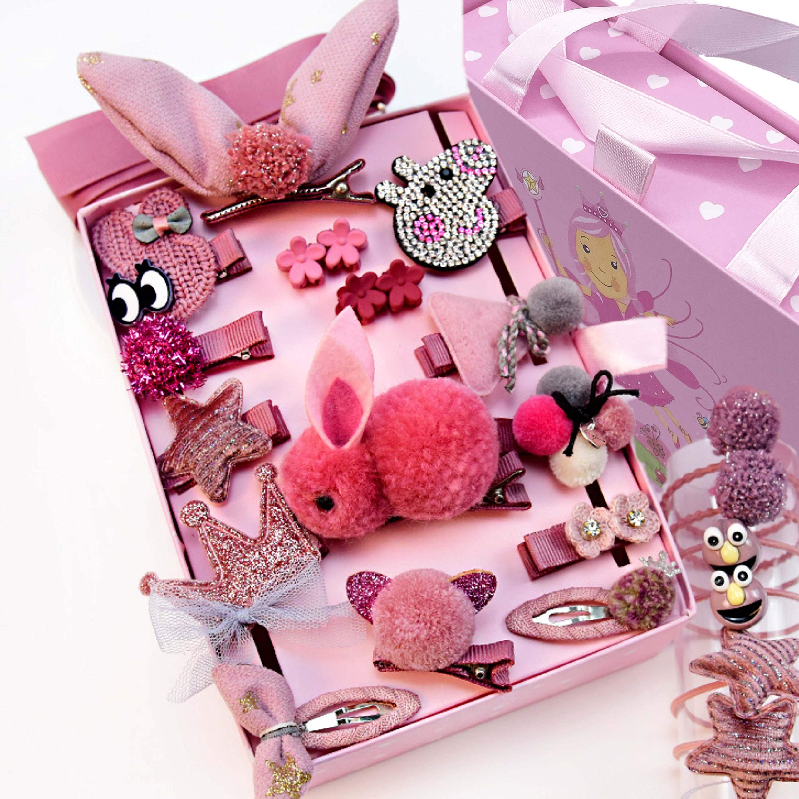 Baby Hair 24pcs Accessories Gift Set for girls gift box various styles Hair Clips Bows Hairpin Ribbon Elastic Hair Ties Ponytail for Little Girls Baby Toddler Kids (Pink)