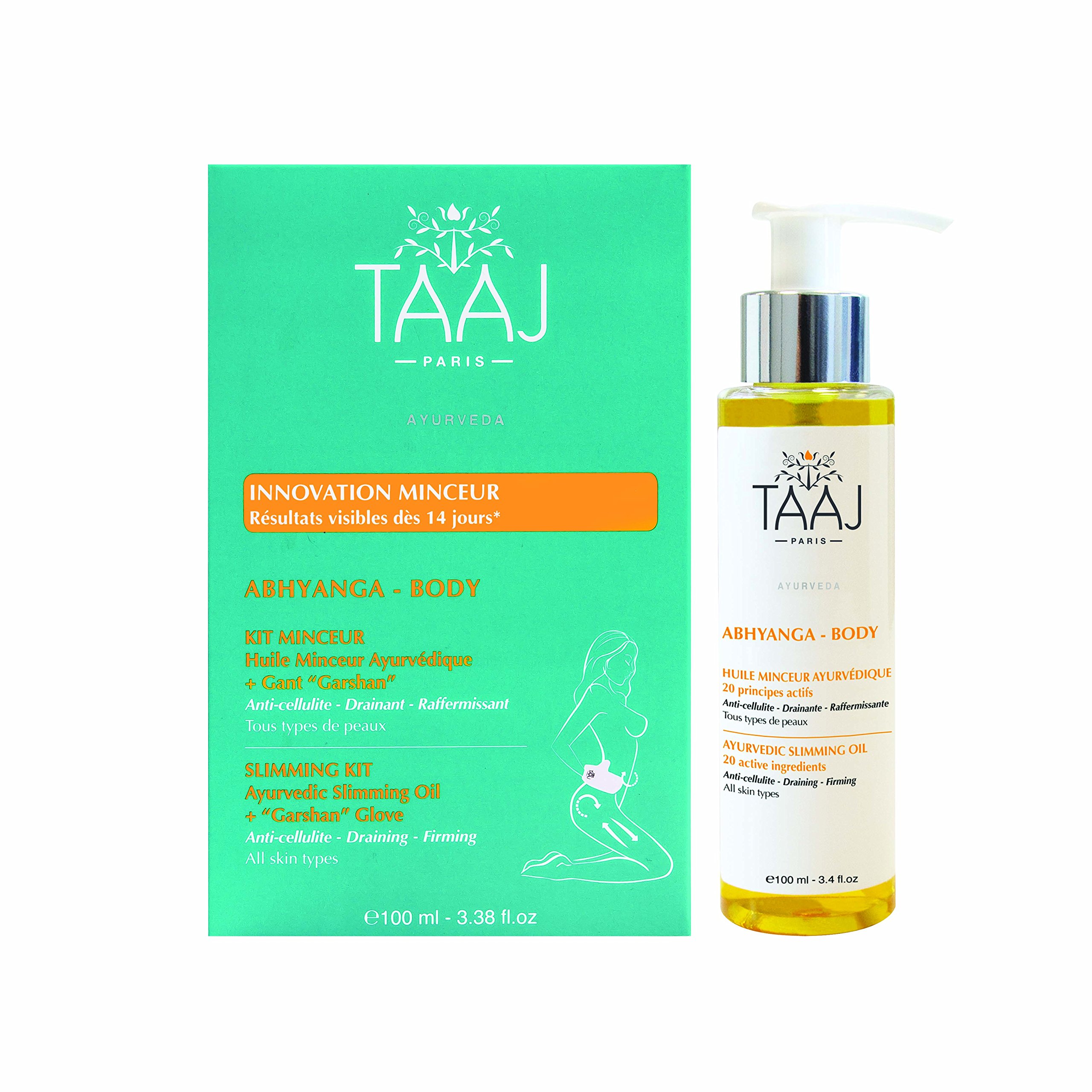 TAAJ | SLIMMING KIT Ayurvedic Slimming Oil + Garshan Glove | Drains & Firms the Skin | Reduces the Visible Appearance of Cellulite | 97% ingredients of natural origin | Vegan & Cruelty Free |100ml