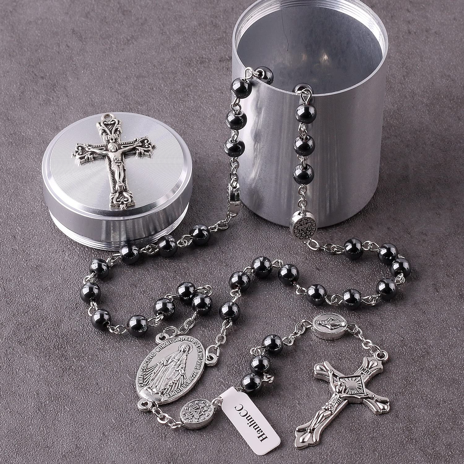 HanlinCC 6mm Hematite black stone beads Miraculous Rosary Necklace with Cross Metal Gift Box ofr Men and Women