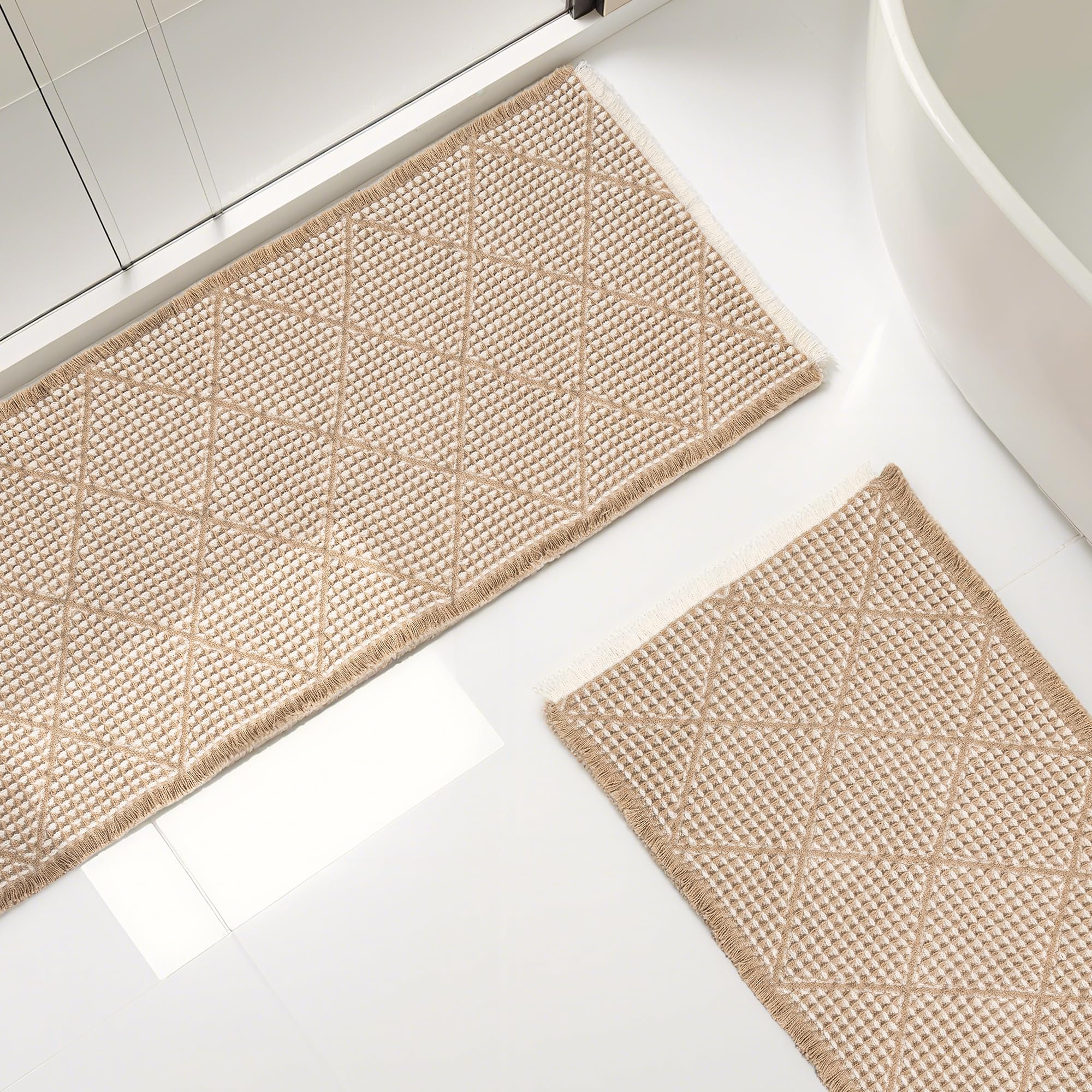 Furicher Large Rhombic Waffle Bath Mat, Non Slip Bathroom Rugs Set of 2, Ultra Absorbent Bath Runner for Bathroom Decor, 20"×47" Plus 18"×30"