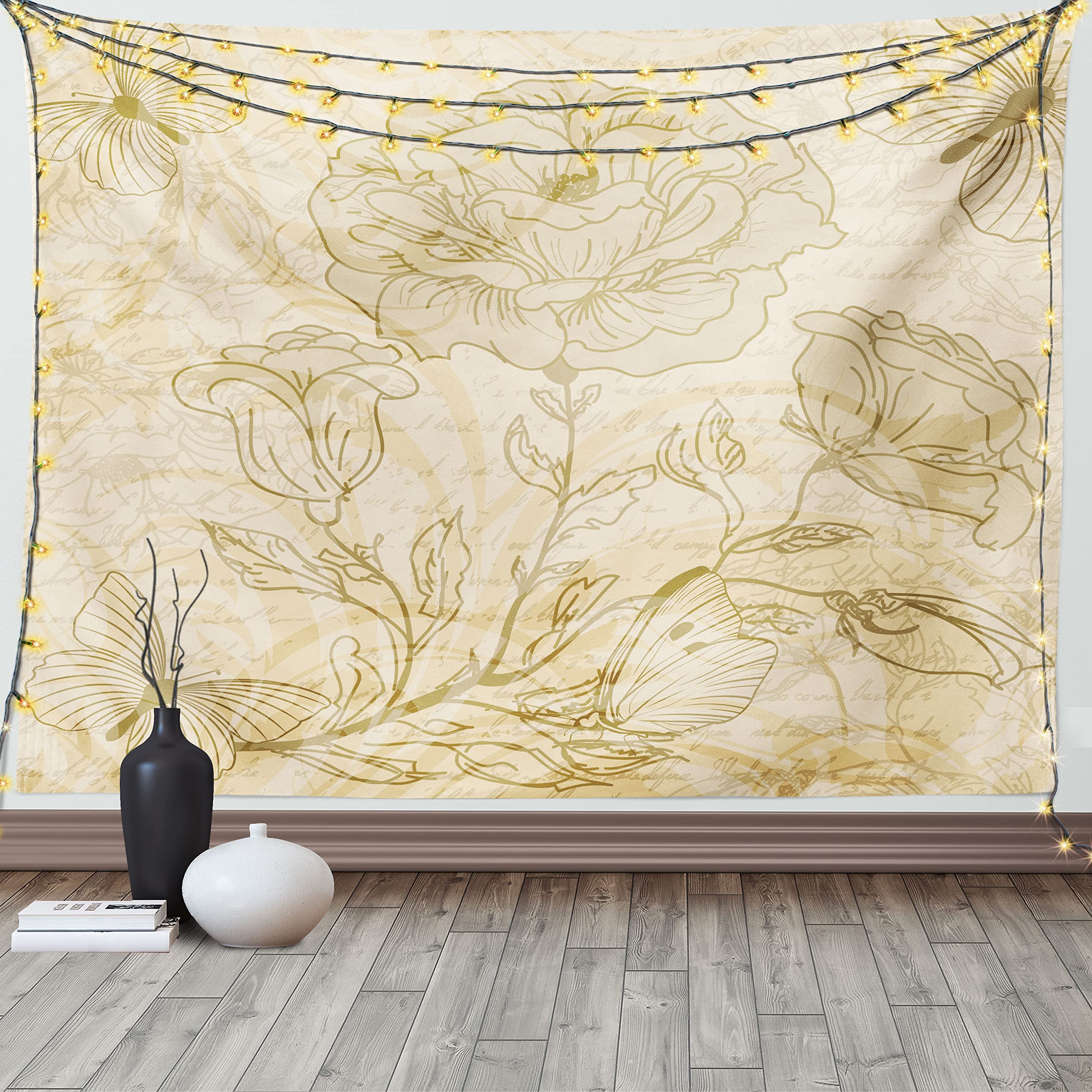 ABAKUHAUS Beige Tapestry, Various Sized Flourishing Roses and Butterflies Spring on Grungy Background Retro, Fabric Wall Hanging Decor for Bedroom Living Room Dorm, 58 W X 43 L, Mode Beige