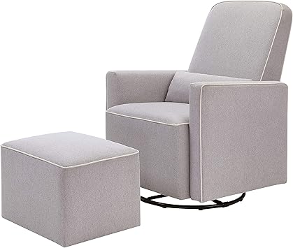 davinci olive upholstered swivel glider and ottoman in grey with cream piping
