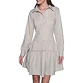 Karl Lagerfeld Women's Long Sleeve Collared Faux Linen Lace Trim Tiered Dress