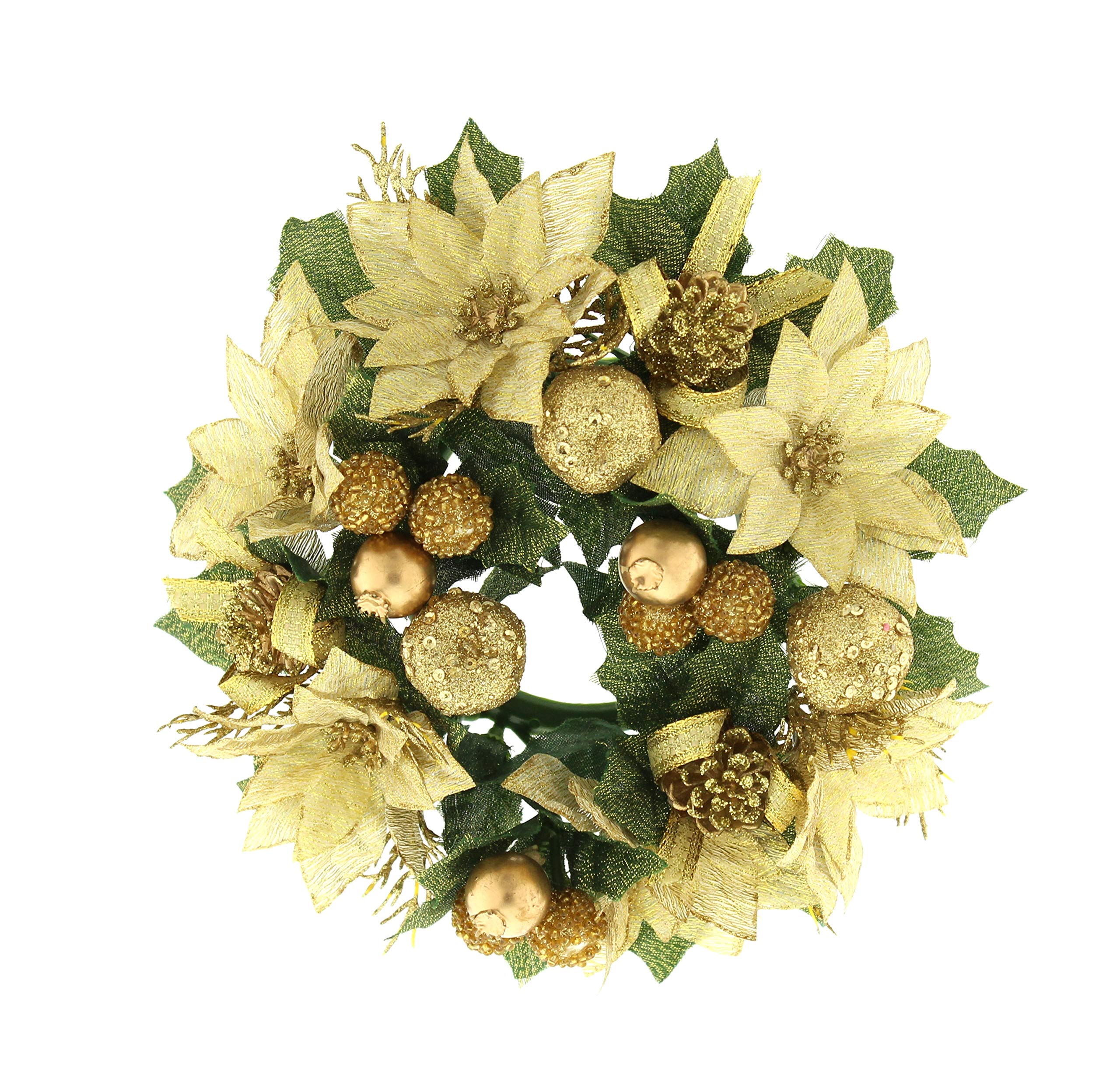 Festive 200 mm Poinsettia Candle Ring with Berries Ribbon Bow and Green Holly, Gold