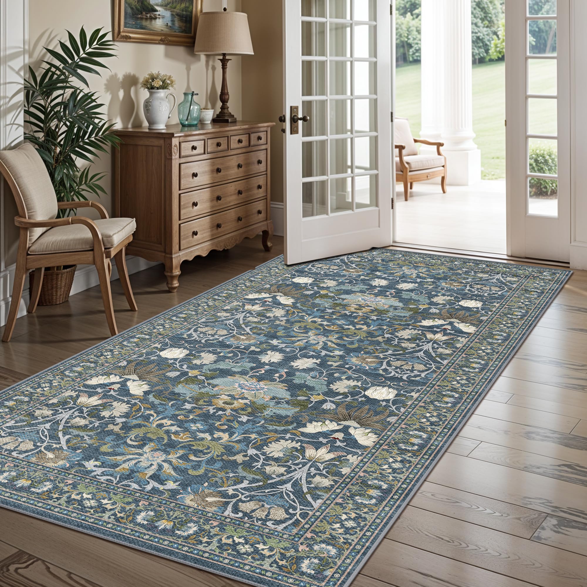4x8 Washable Kitchen Area Rug: Farmhouse Stain-Resistant Elegant Floral Rug for Living Room Bedroom Wide Soft Carpet for Entryway Bathroom Thin Hallway Floor Mat with Non Slip Backing(4x8,Floral/Blue) Image