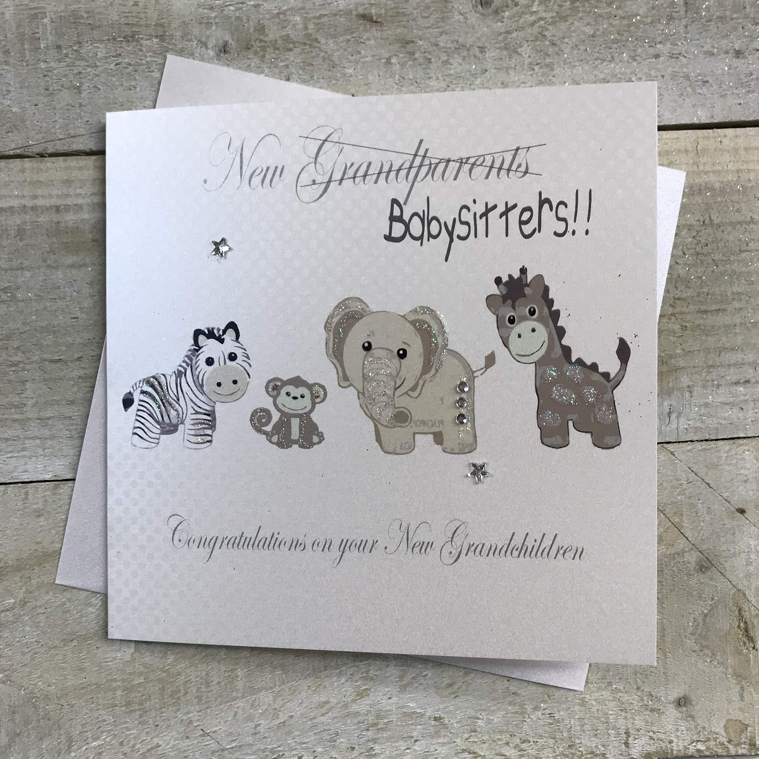 White Cotton Cards "Silver Toys, New Grandparents/Babysitters!! Congratulations On Your New Grandchildren Handmade Twins/Triplets New Grandparents Card, PD231