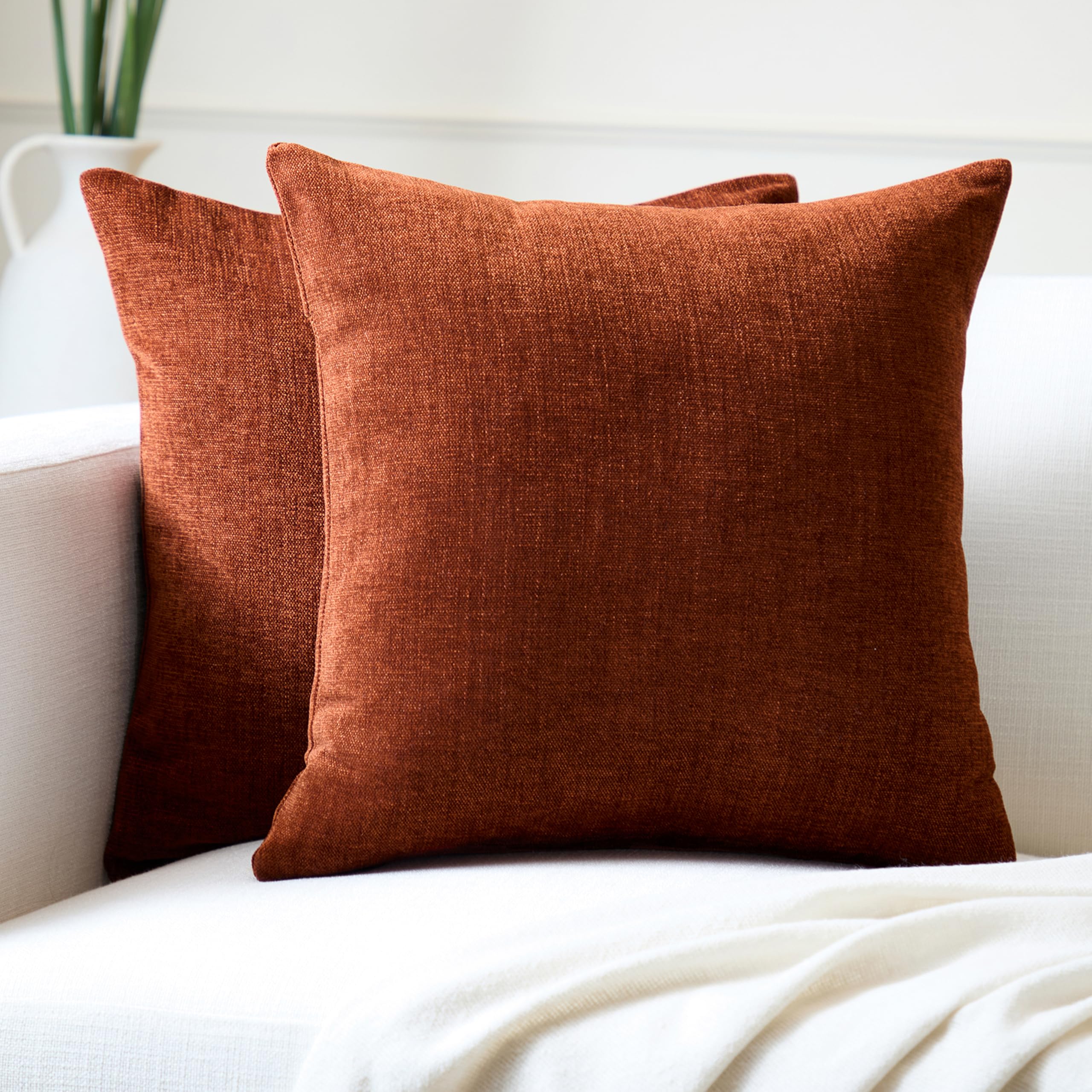 Encasa XO Chenille Cushion Covers Set of 2 | Rust Orange - (24"x24") (60x60 cm) | Decorative Accent Square Throw Pillow Cases For Couch, Home Decor, Sofa