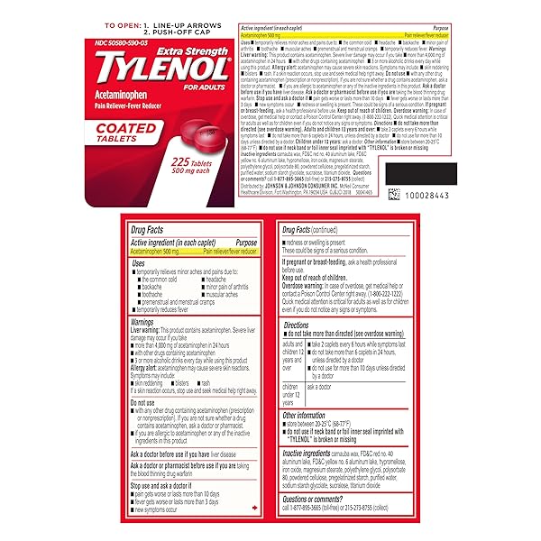 TYLENOL EXTRA STRENGTH PAIN RELIEVER & FEVER REDUCER, ROUND COATED TABLETS, 500 MG ACETAMINOPHEN PAIN RELIEF PILLS FOR HEADACHE, TOOTHACHE & MINOR ARTHRITIS PAIN, 225 CT