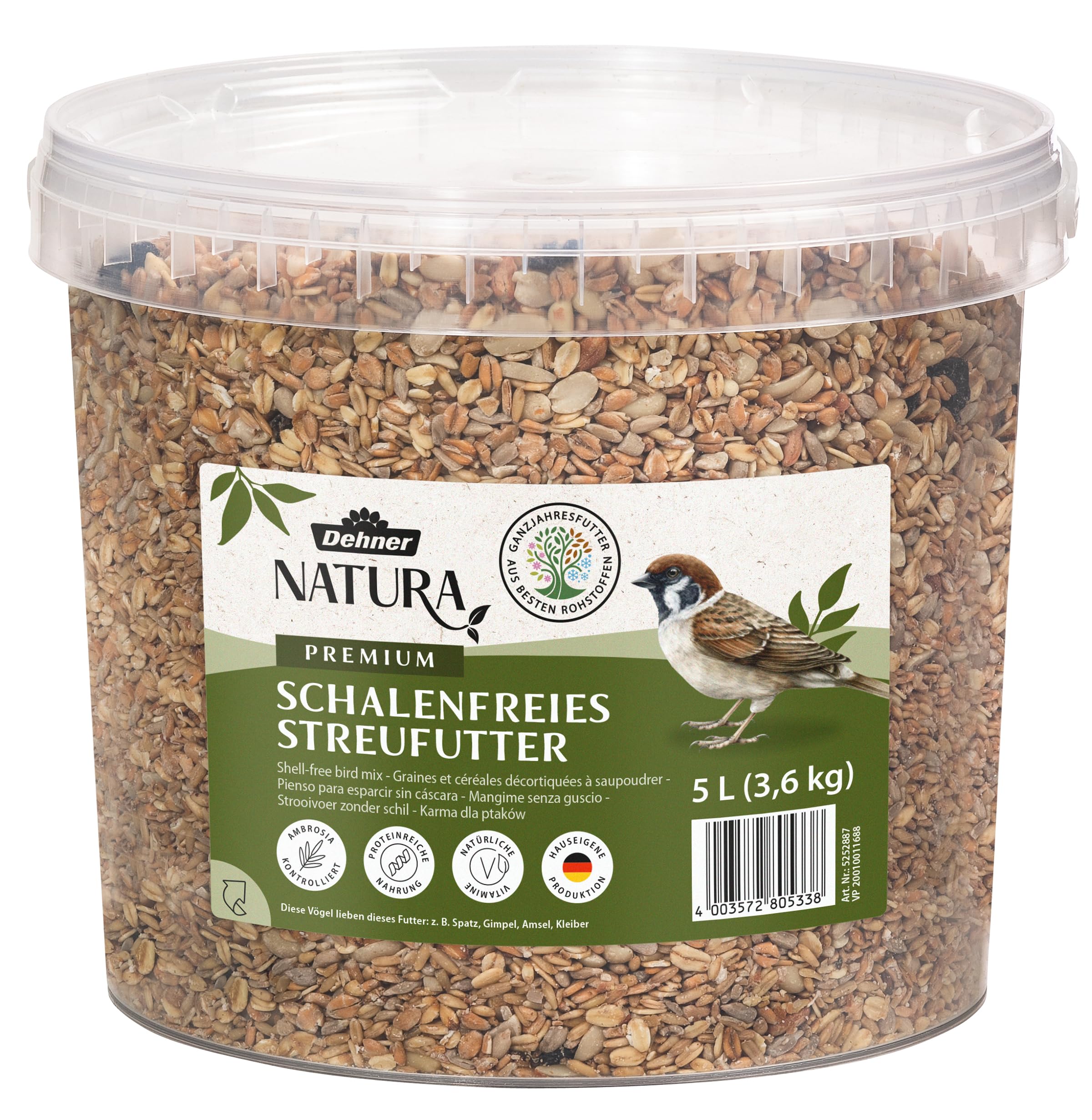 Dehner Natura Premium Wildvogelfutter, Streufutter schalenfrei, Ganzjahresfutter proteinreich / energiereich, hochwertiges Vogelfutter für Wildvögel, 3.6 kg