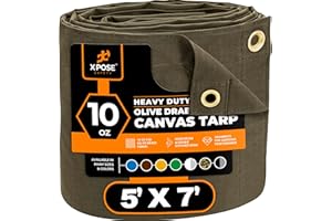 Xpose Safety Canvas Tarp - 10oz Olive Drab Canvas Tarps Heavy Duty Water Resistant with Brass Grommets- Multipurpose Outdoor Tarpaulin for Camping, Canopy, Trailer, Equipment Cover 5' x 7'