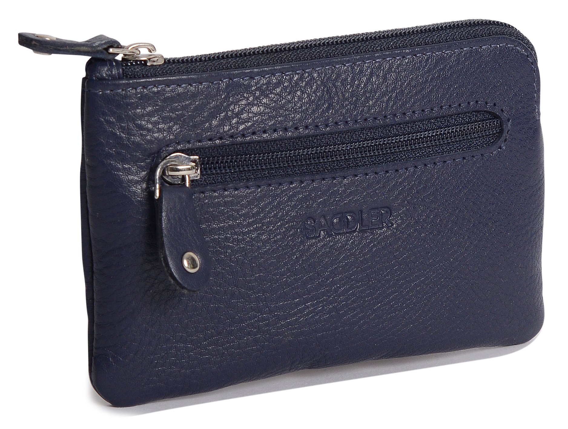 SADDLER Womens Luxurious Real Leather Zip Top Coin Purse with Double Key Rings Front Pocket | Designer Change Pouch |Gift Boxed - Navy