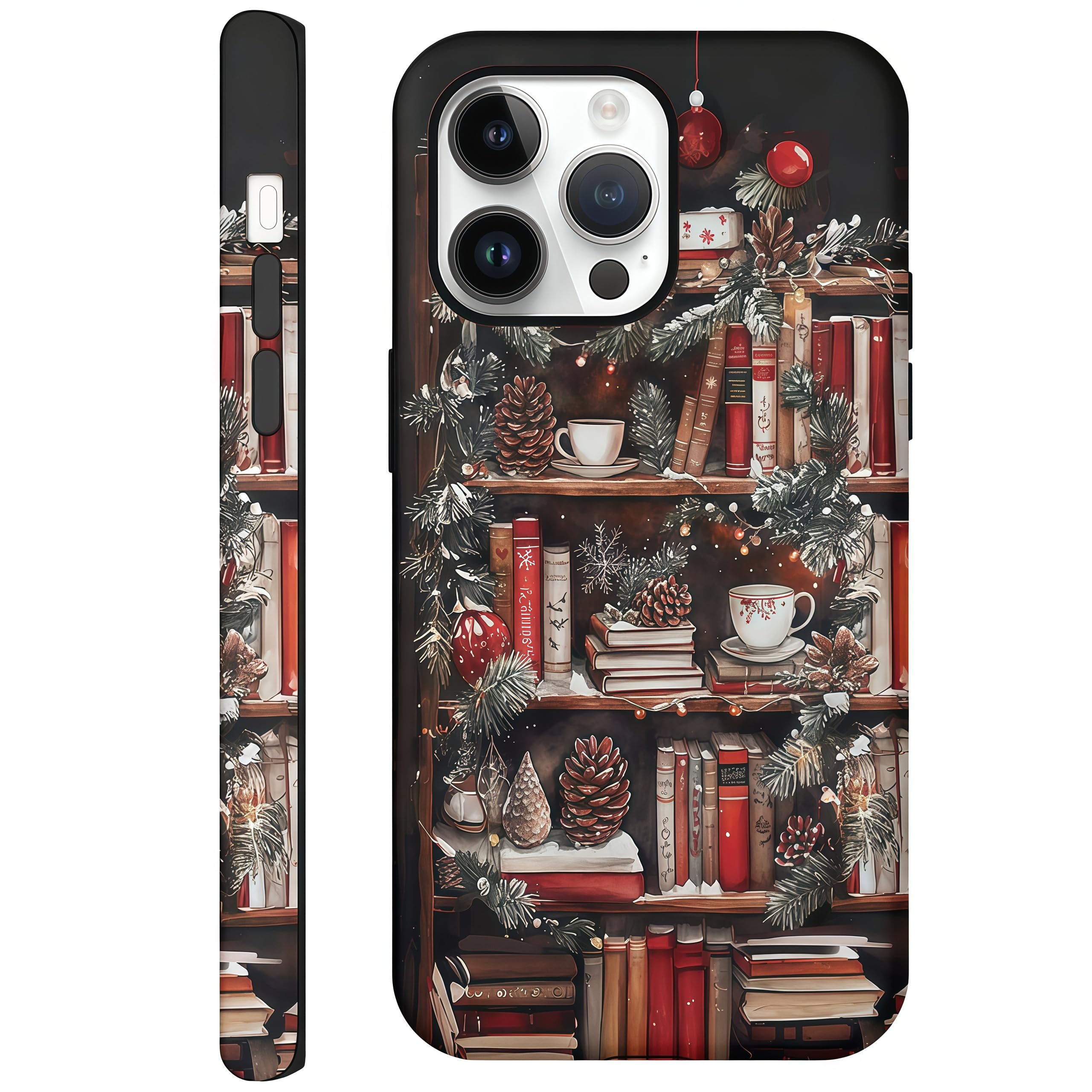 Kaislandy Aesthetic Cases for iPhone 15 Pro Max, Glossy Hybrid 2-Layer Hard Cover, Protective Scratch Resistant Shell, Christmas Bookshelf