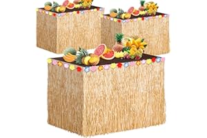 ADXCO 3 Packs Hawaiian Luau Grass Table Skirt 108 x 30 Inch Tropical Hibiscus Luau Party Decorations Brown Hawaiian Table Skirts for Moana Themed Events, Birthday