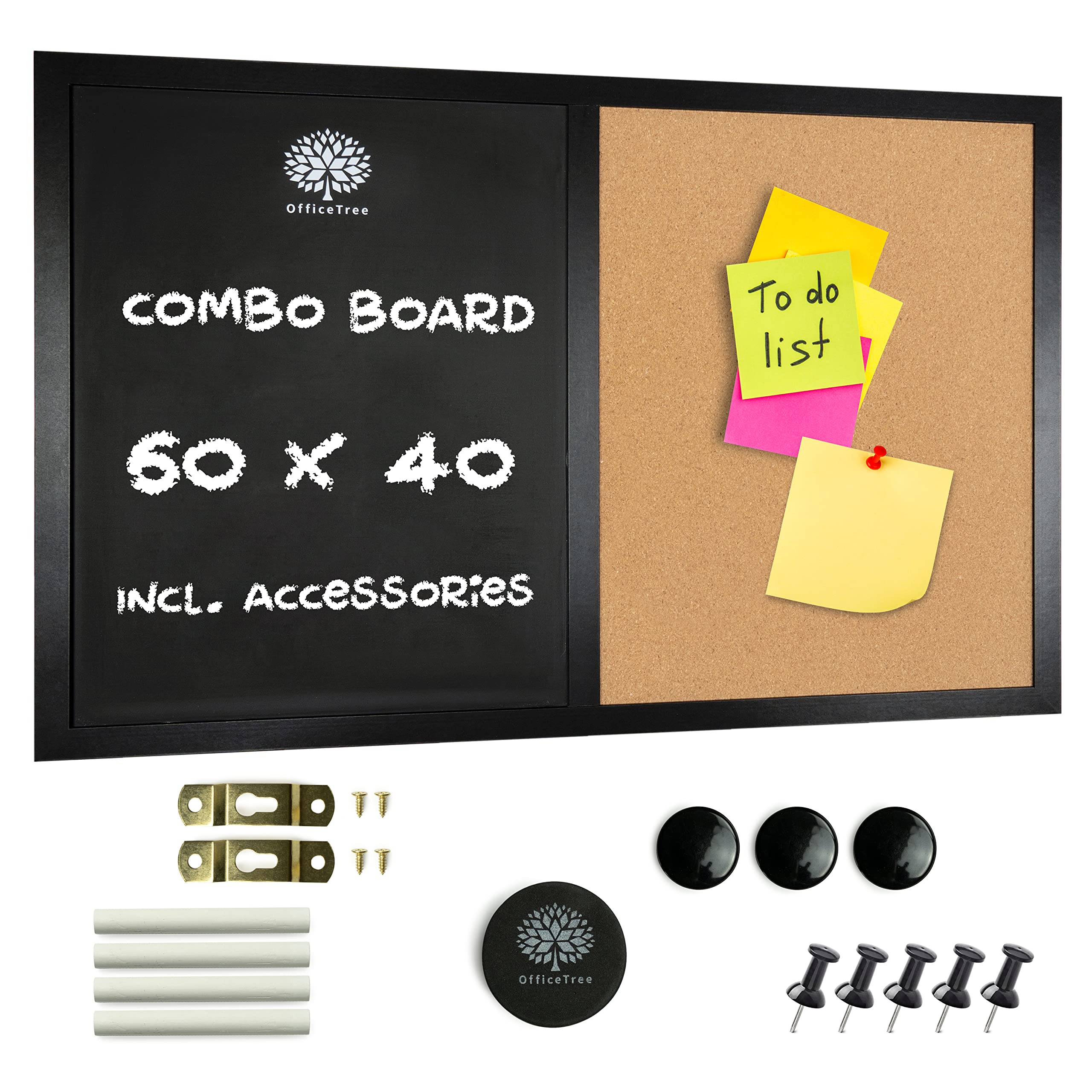 OfficeTree 2 in 1 Notice Boards for Home - 24x16 in - Cork Board 60 x 40 cm & Magnetic Chalkboard Combo - Notice Boards for Home & Office Including Magnets, Chalk and Eraser