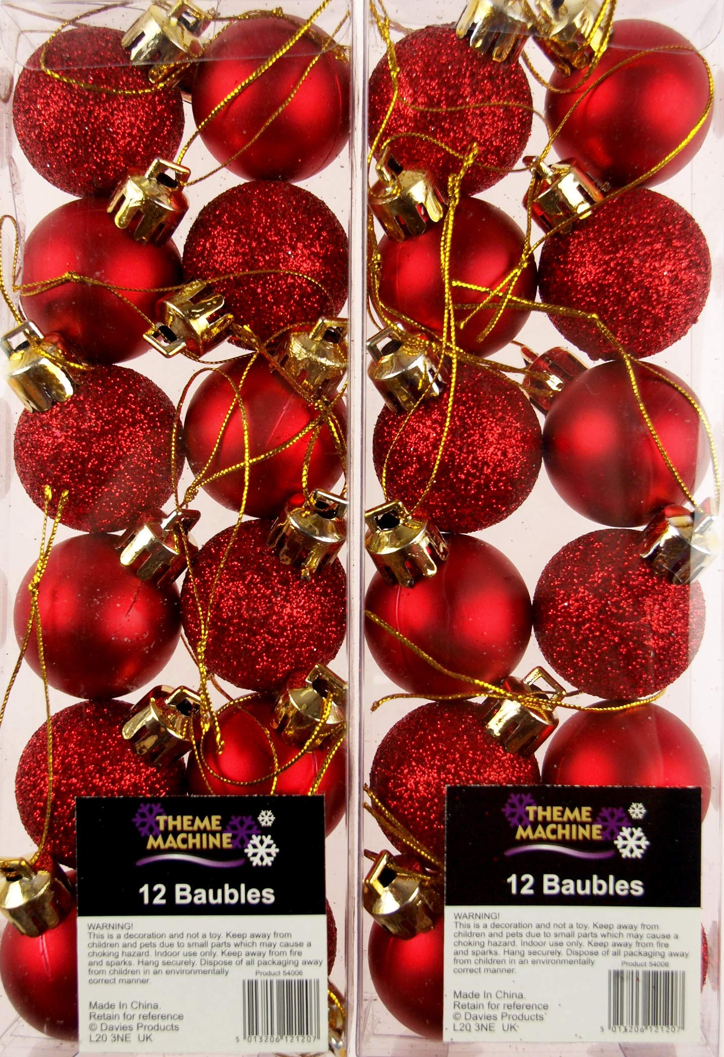 Theme Machine Set Of 24 Mini Christmas Shine Glitter Tree Baubles Decorations - Deep Red