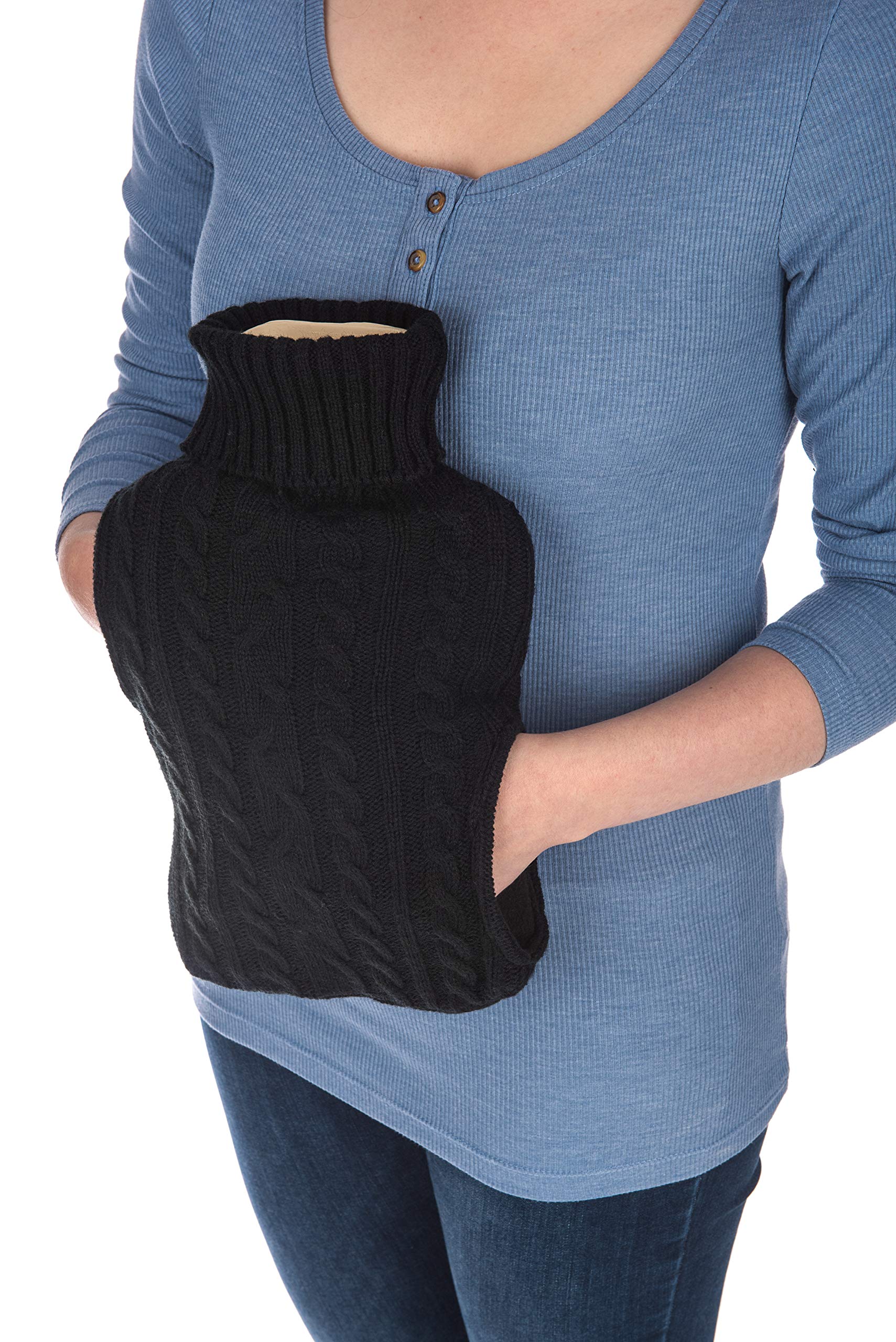 FiNeWaY 2L Hot Water Bottle Body Warmer with Pocket – for Back Neck Shoulder Leg Arthritis Pain Relief Aches Cramp (Knitted Black)