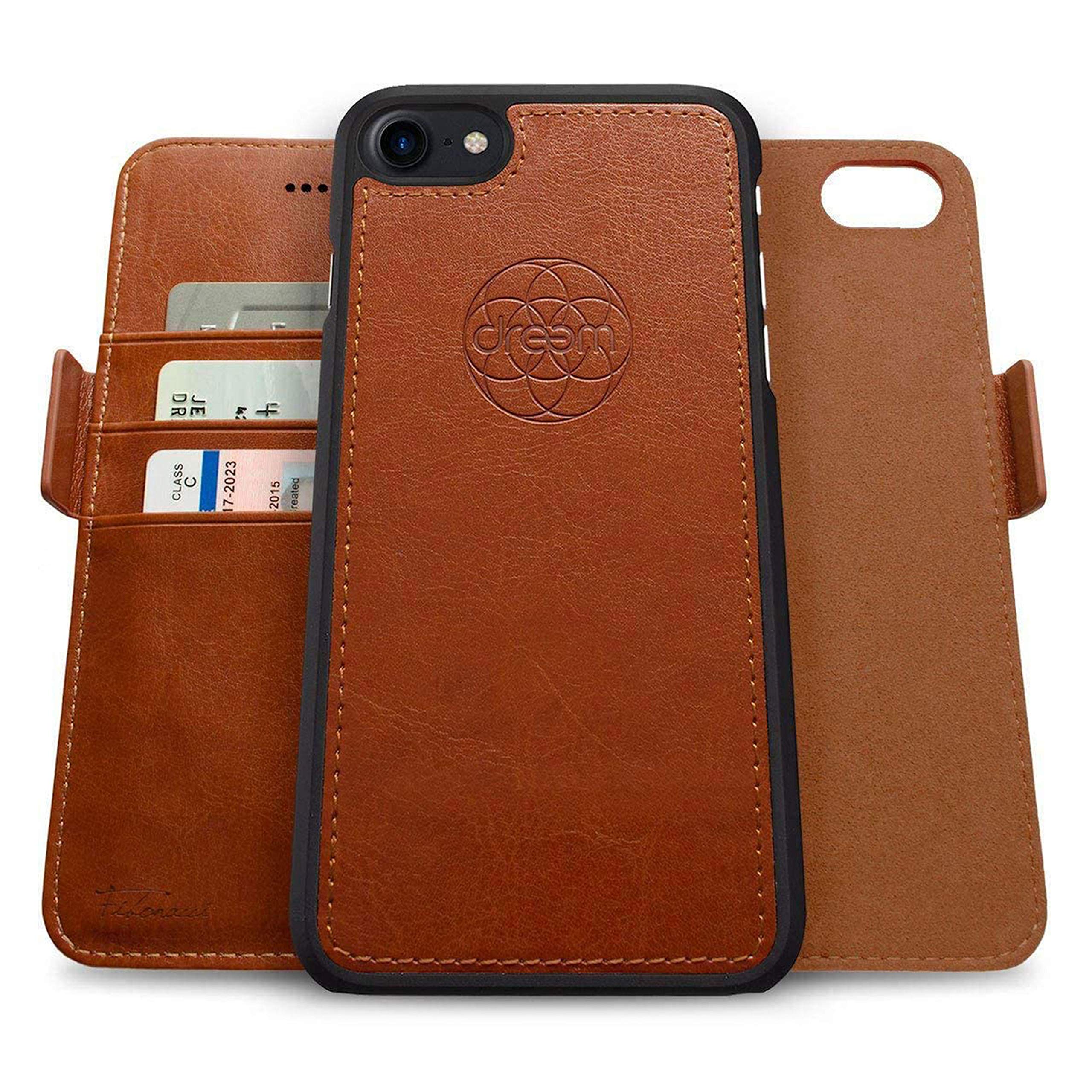 dreem Fibonacci 2-in-1 Wallet Case for Apple iPhone SE 3 (2022), SE 2, & 8/7 - Luxury Vegan Leather, Magnetic Detachable Shockproof Phone Case, RFID Card Protection, 2-Way Flip Stand - Caramel — image 1